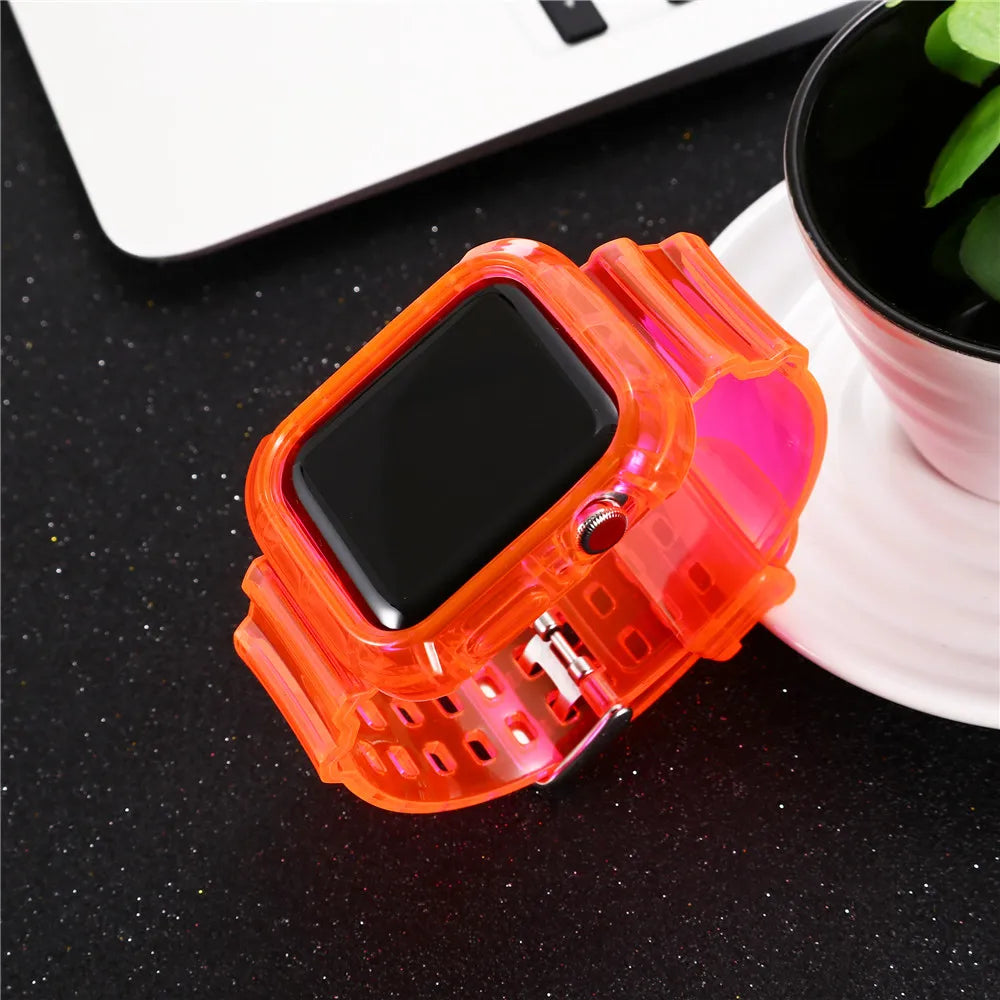 Clear Band + Case for Apple Watch Series 9 8 7 6 SE 5 49mm 45mm 44mm 38mm 41mm Transparent for iwatch 10 46mm 42mm Plastic Strap