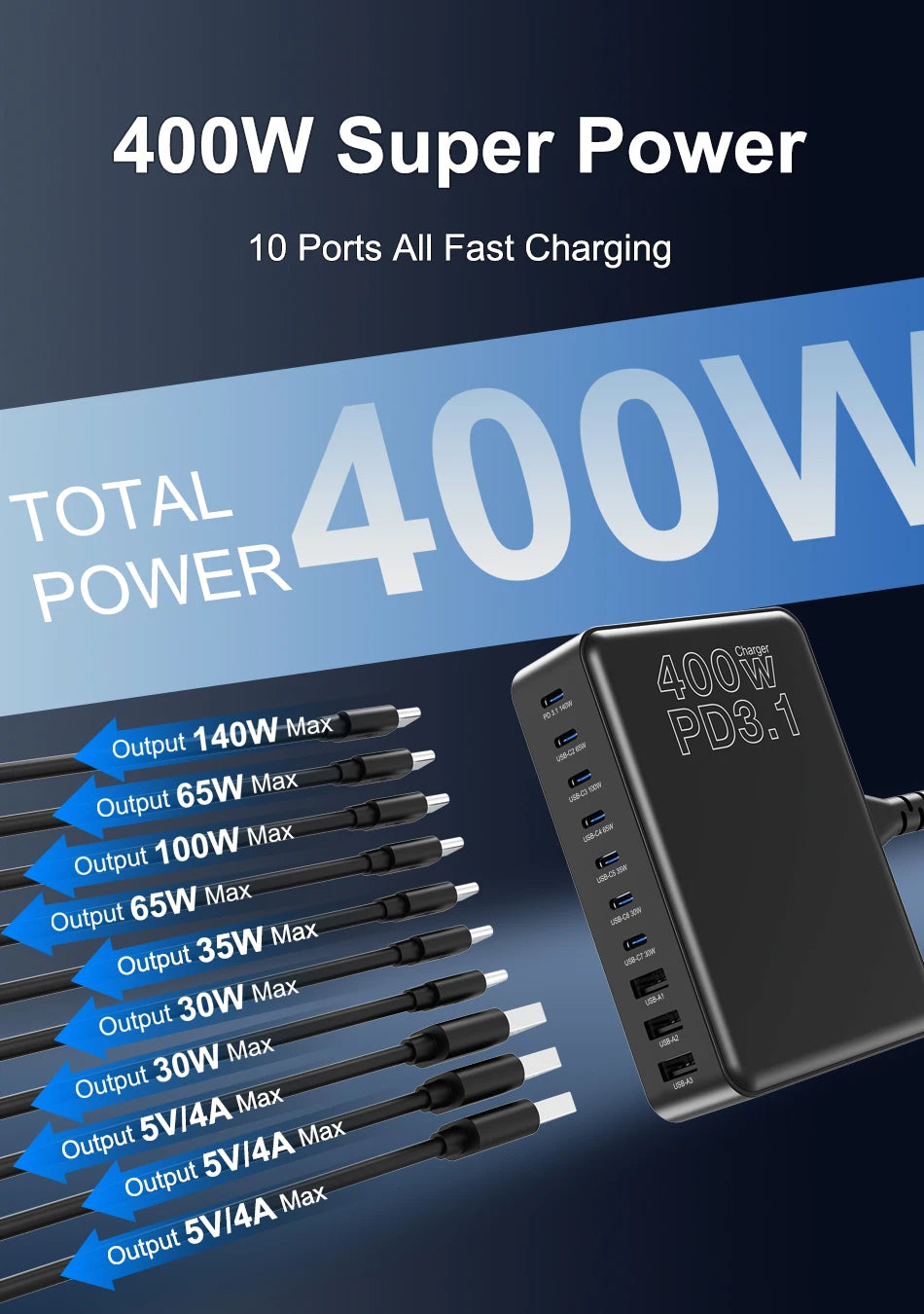 UHOMEBUY 400W USB C Charger 10-Ports GaN Charging Station 140W Max Single Port PD3.1 Fast Charger for MacBook Pro iPhone Samsung