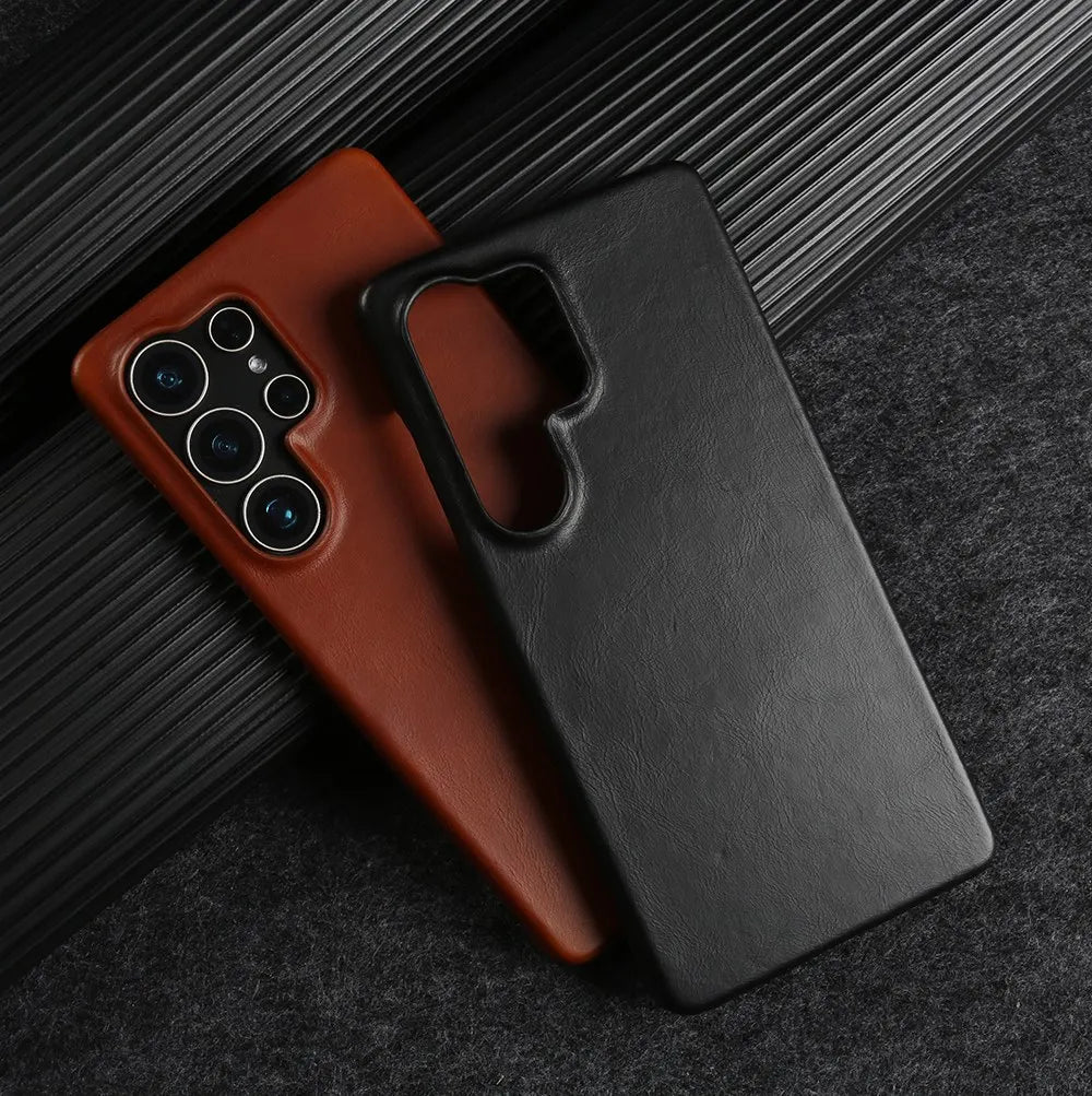 Real Cowhide Leather Phone Case For Samsung Galaxy S24 Ultra S23 Plus S22 S25+ Full Grain Edges Protective Hard Back Cover Coque