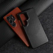Real Cowhide Leather Phone Case For Samsung Galaxy S24 Ultra S23 Plus S22 S25+ Full Grain Edges Protective Hard Back Cover Coque