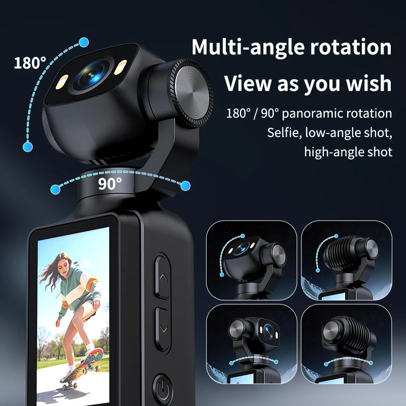 Pocket Handheld Vlog Camera 180°Rotatable Lens Anti-shake Stabilizer HD Portable Action Cam Built-in Fill Light Outdoor Travel