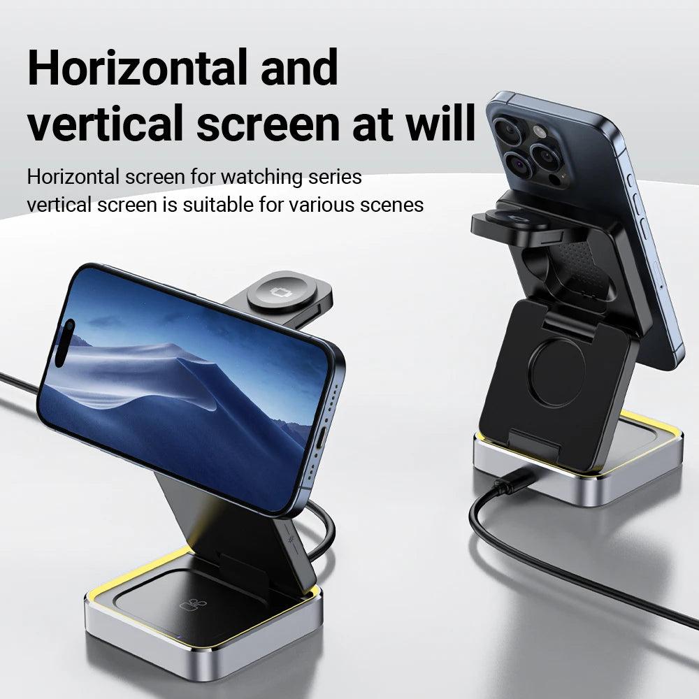 ACEFAST Aluminum Alloy 15W Wireless Magnetic Wireless Charging Holder For iPhone 16/15/14 Foldable 3 in 1 Charging Dock Station