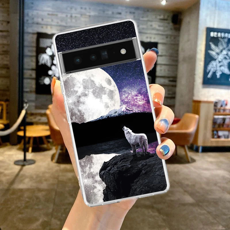 Phone Case Cover for Google Pixel 10 9 8 7 6 5 4 4XL Soft TPU 7A 6A 5A 4A 3A Pro XL 5G Transparent Shell Moon Roaring Wolf Capas
