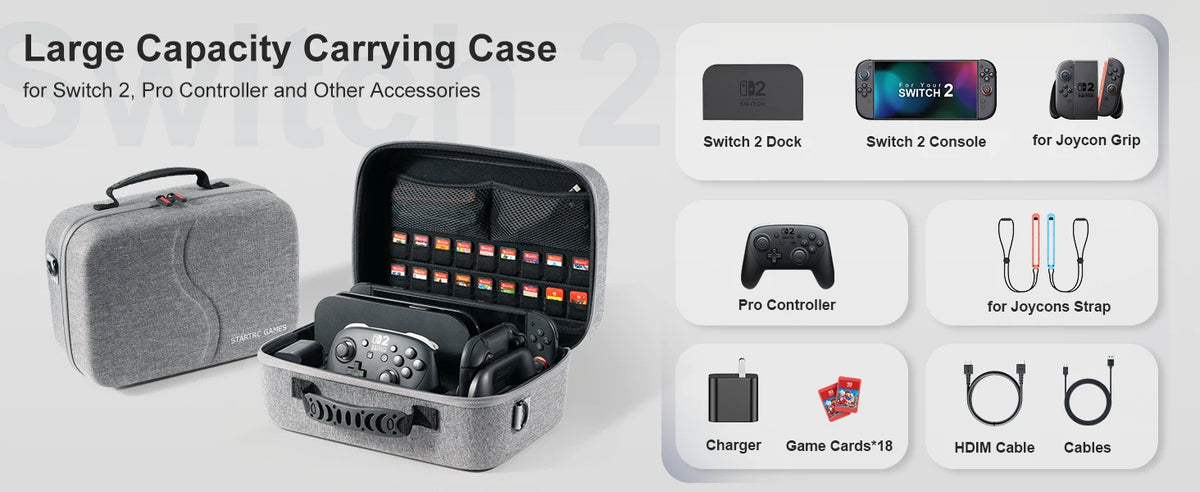 STARTRC GAMES Hard Shell Portable Travel Carry Bag for Switch 2, Pro Controller, 18 Game Cards and Other Accessories