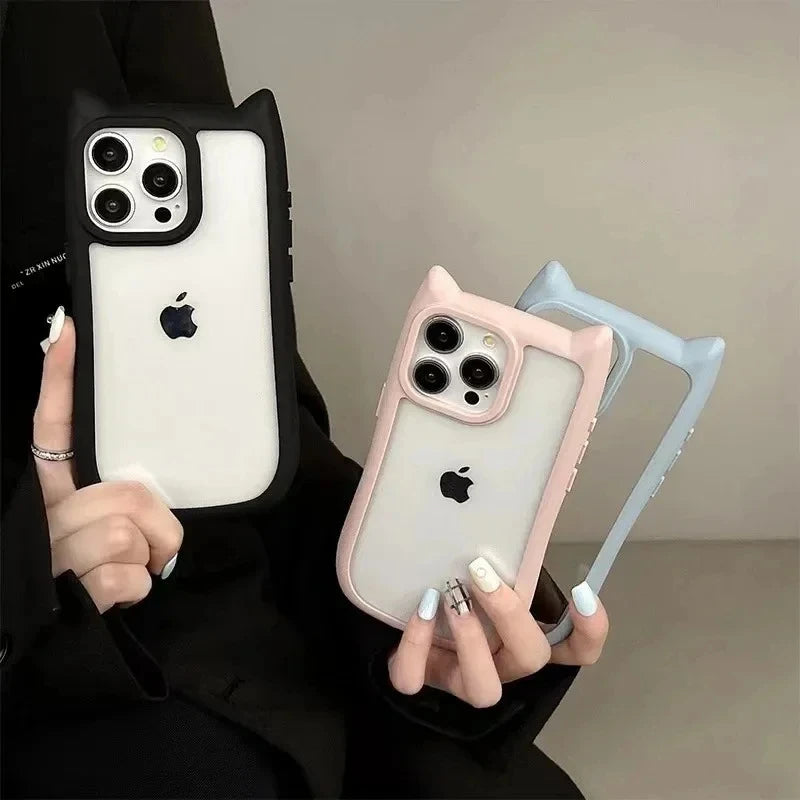 Soft Silicone Cute Cat Ear Phone Case For iPhone 16 17 13 15 14 12 11 Pro Max Air XS Max Funda Transparent Shockproof Back Cover
