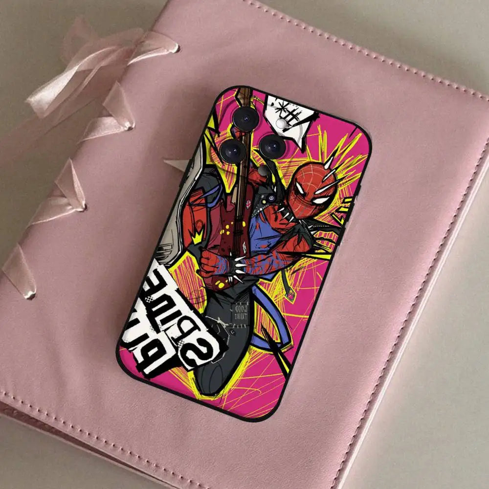 S-Spiderman Punk Style Phone Case For IPhone 1716 15 14 13 Pro Max 11 12 Mini X Xs XR Black Silicone Cover