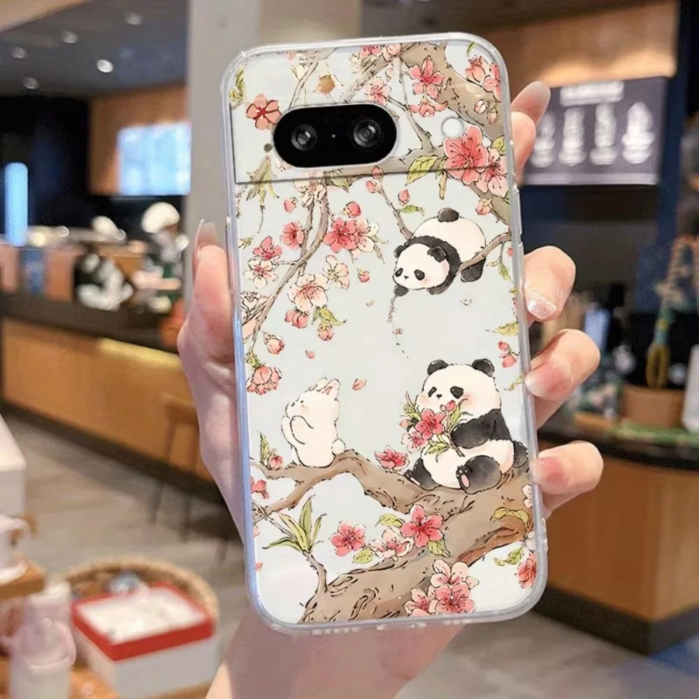 For Google Pixel 10 9 8 7 6 Pro XL 9a 8a 7a 6a Cute Panda Play Pattern Phone Case Crystal Transparent Silicone Protective Cover