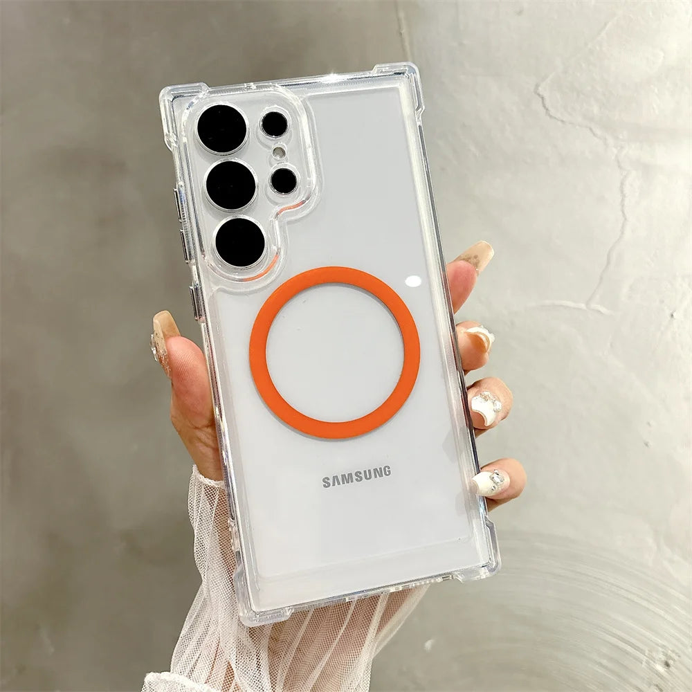 Transparent Armour Magnetic Case For Samsung S26 S25 S23 S24 Plus S21 S22 Ultra Corners Reinforced Shockproof Protection Cover