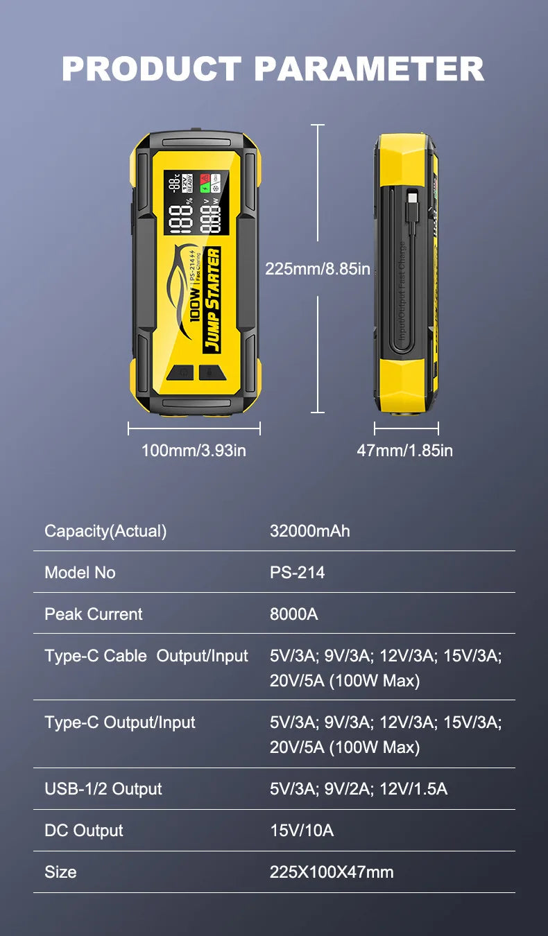 32000mAh 100W Car Emergency Battery Starter Jump Portable Power Bank Multi Function 8000A Ultra-Large Capacity Starting Device
