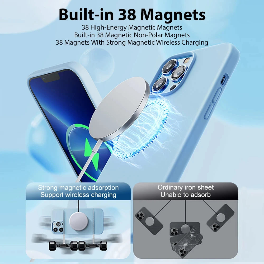 For Magsafe Liquid Silicone Case For iPhone 15 14 13 12 11 Pro Max Plus Wireless Charging Soft Back Cover Shockproof Accessories
