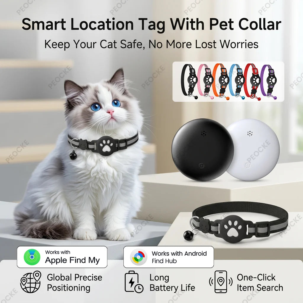 Dual System Pet Smart Tracker Tag With Cat Collar Android/iOS Anti-Lost GPS Tracker Works With Apple Find My /Google Find Hub