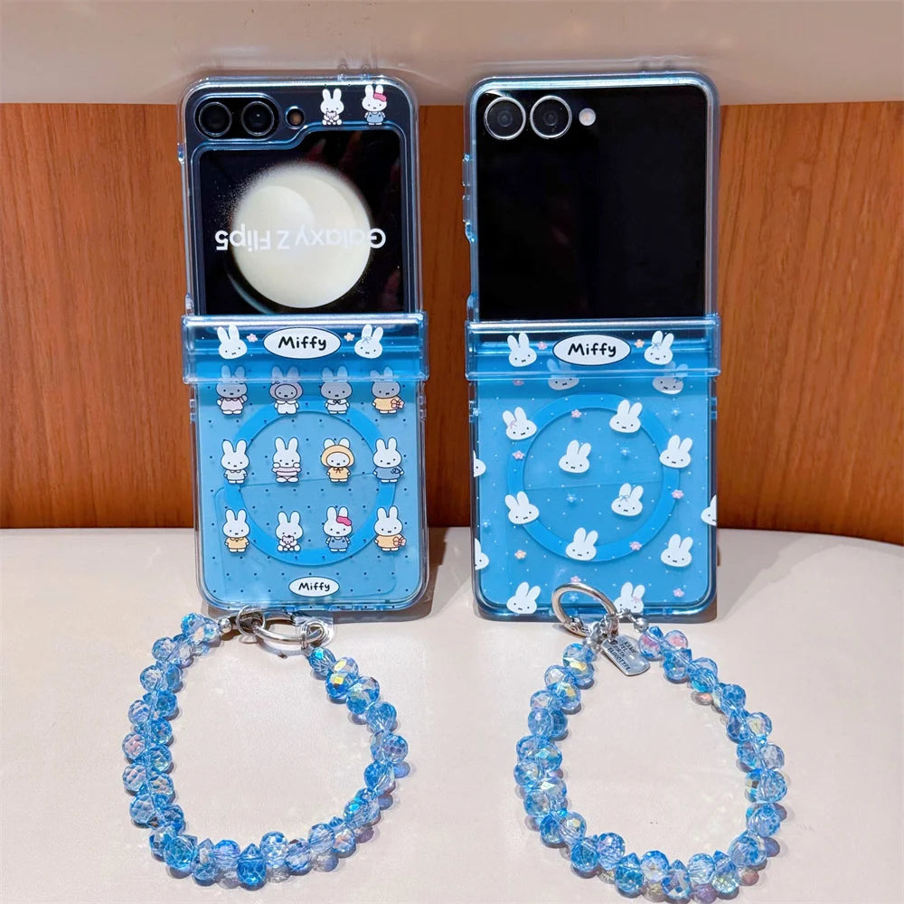 Cute polka dots Miffy Clear Folding Phone Case For Samsung Z Flip 8 7 6 5 4 3 flower Cartoon Miffy protect Cover Wrist Strap﻿﻿﻿﻿