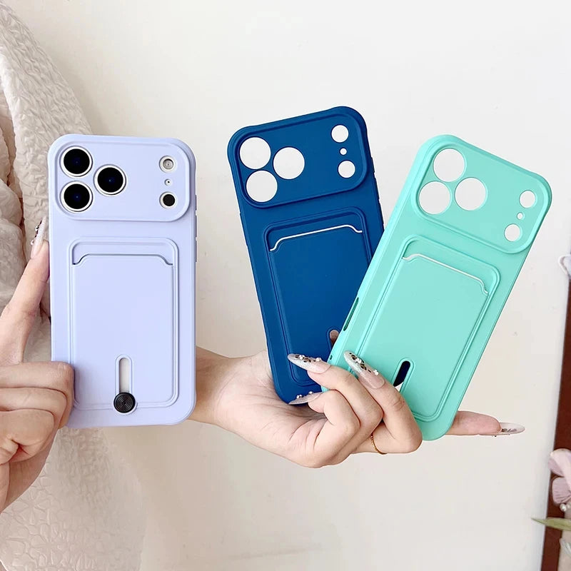 Fine hole sliding card holder silicone phone case for iPhone 17 17E 16E 16 15 14 13 12 11 Pro Max Air Mini shockproof soft Cover