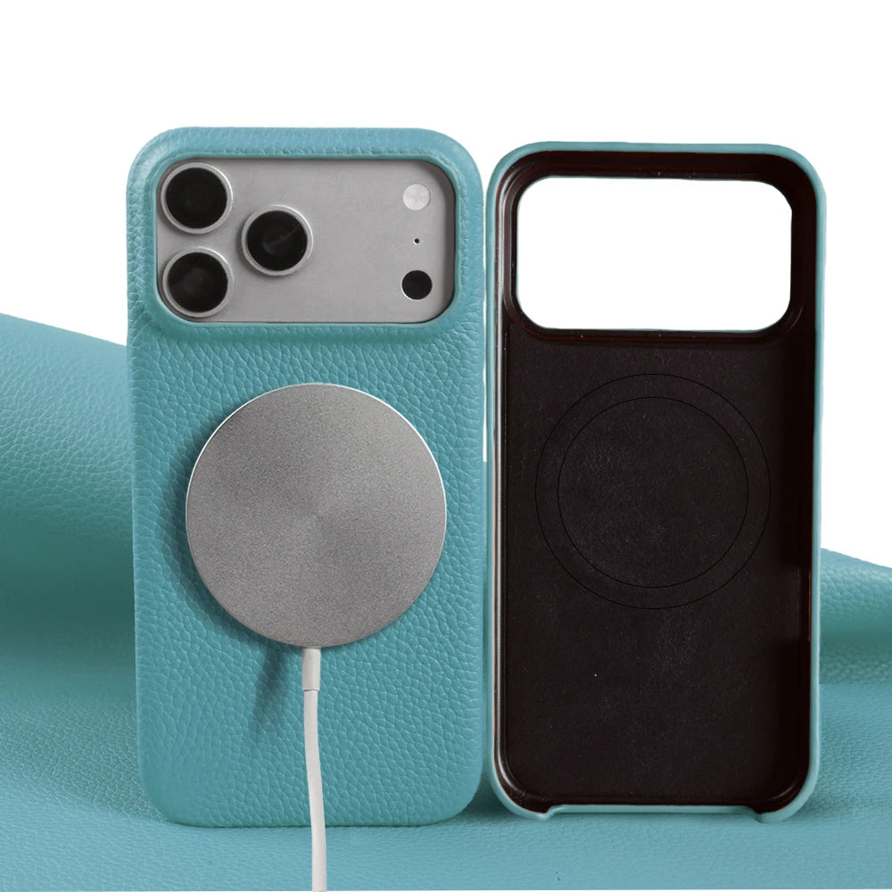 For Magsafe Magnetic Lychee Genuine Leather Case For iphone 17 Pro Max Air 13 14 15 16 Pro Max 16e 17e Phone Back Cover Cases