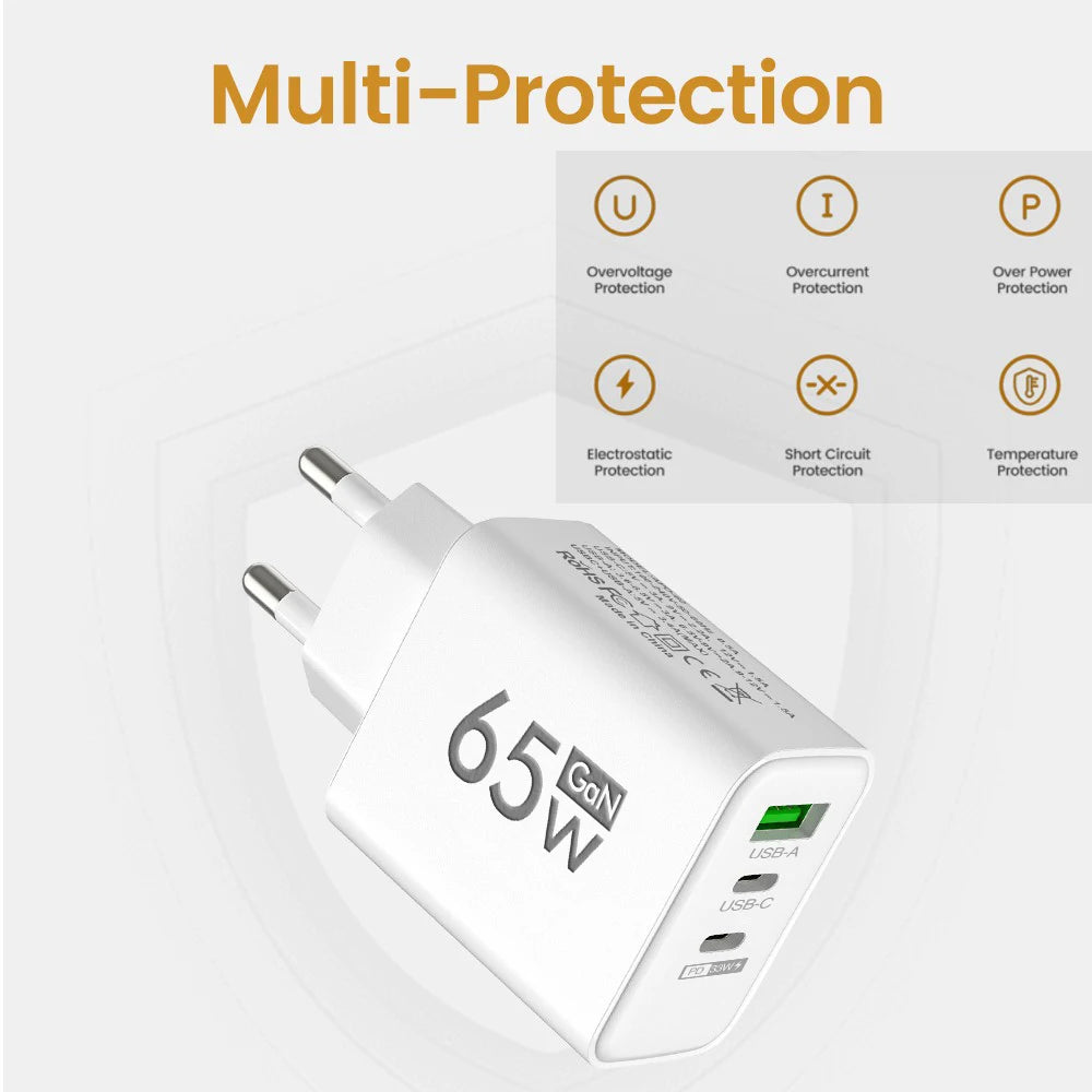 65W GaN Fast Charger PD 3.0 USB C Wall Charger 3 Ports QC3.0 For iPhone 15 16 Pro Samsung Xiaomi EU US Plug Mobile Phone Adapter