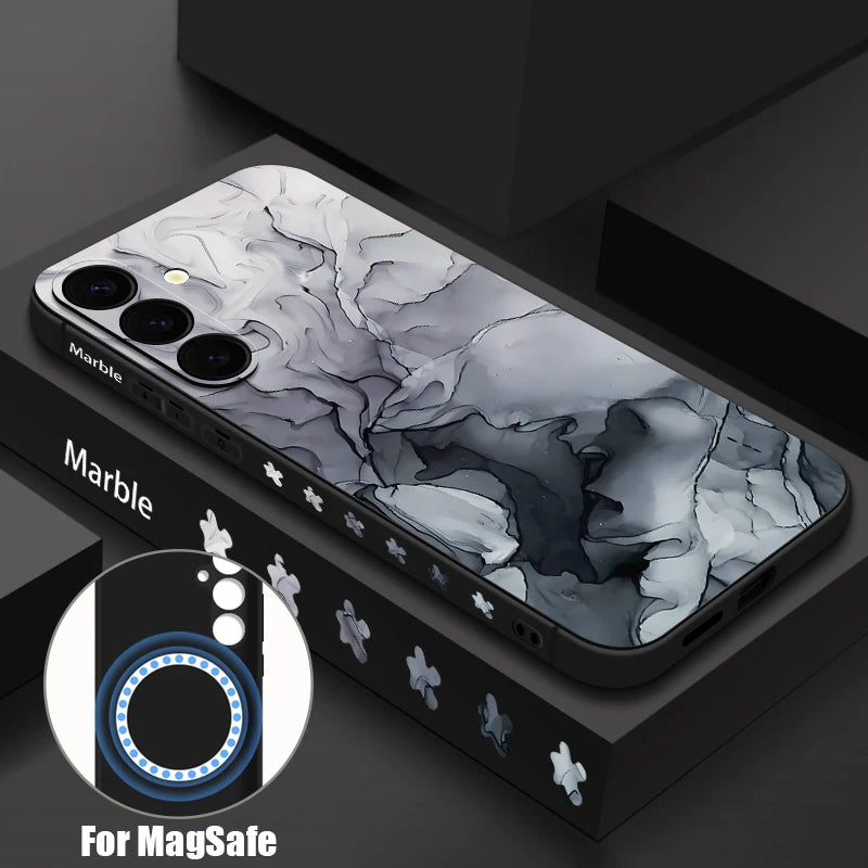 For Samsung Galaxy S26 S25 S24 S23 Ultra Plus S25 FE S22 Marble Case Magnetic For Magsafe Wireless Charge Silicone Lanyard Cover