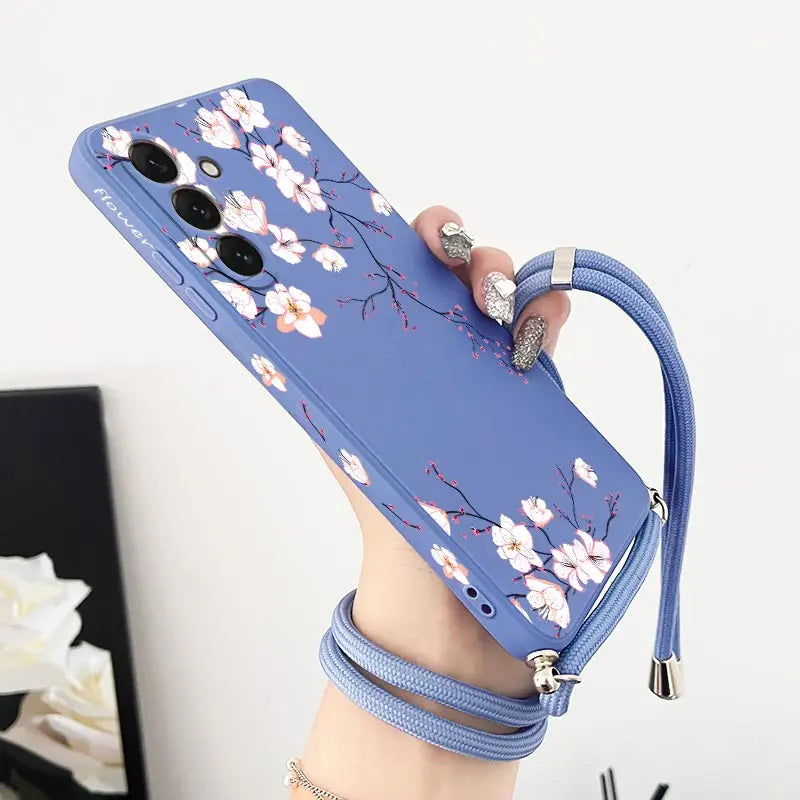 S24 Delicate Flowers Lanyard Silicone Phone Case For Samsung S24 S24Plus S21 S21FE S23FE S23Plus S22Ultra S20FE S24Ultra Cover