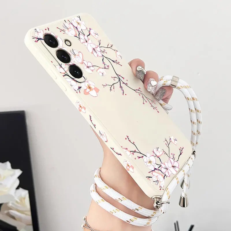 S24 Delicate Flowers Lanyard Silicone Phone Case For Samsung S24 S24Plus S21 S21FE S23FE S23Plus S22Ultra S20FE S24Ultra Cover