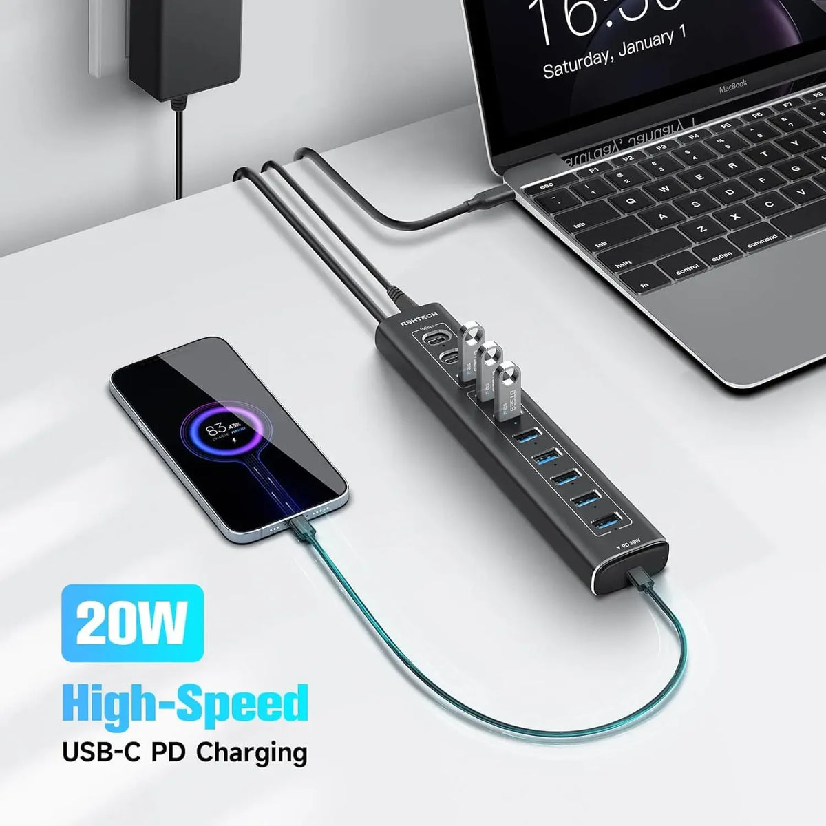RSHTECH 60W USB 3.1 Hub 10Gbps for Laptop Macbook with 7 USB3.0 Port and 20W PD Aluminum USB Splitter Data Transfer Dock Station