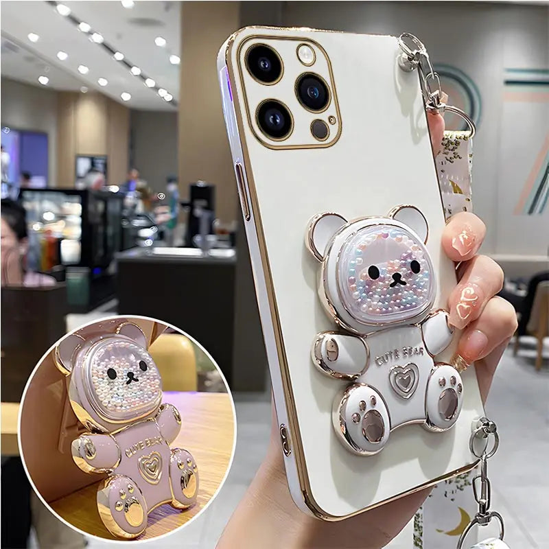 Quicksand Bear Holder Lanyard Phone Case For iPhone 14 11 12 13 Pro Max Mini 8 7 6 6S Plus 10 X Xr Xs Max SE Strap Stand Cover