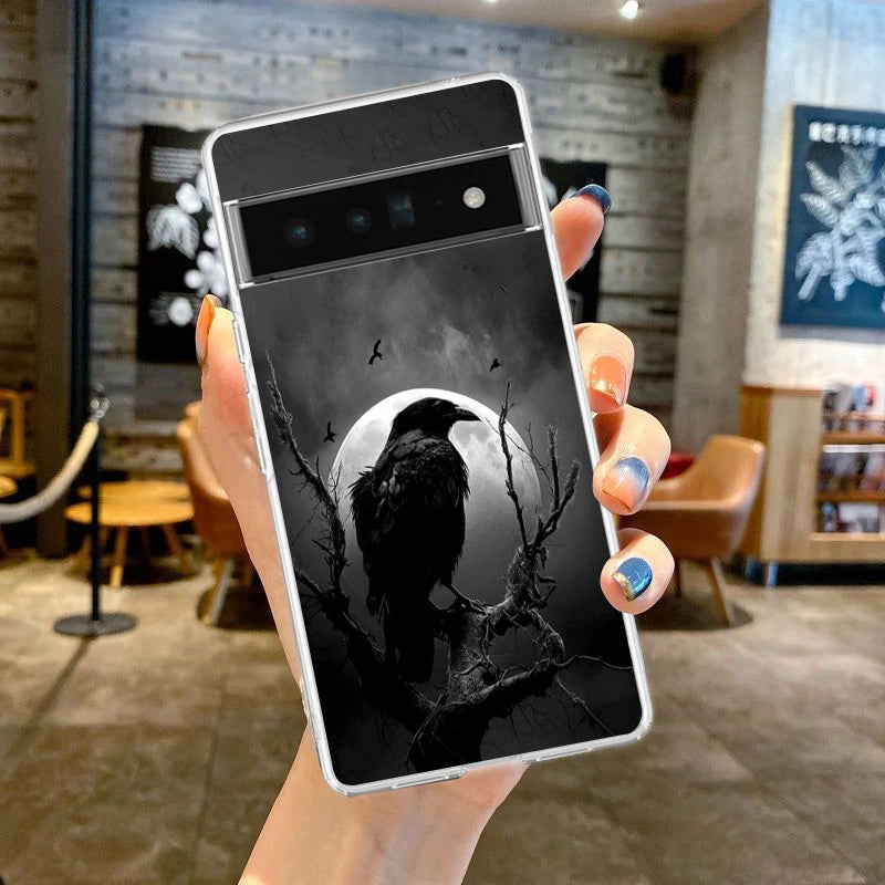 Black Raven Phone Case Cover for Google Pixel 9 8 7 6 5 4 4XL Soft TPU 7A 6A 5A 4A 3A Pro XL 5G Transparent Shell Fundas Capas