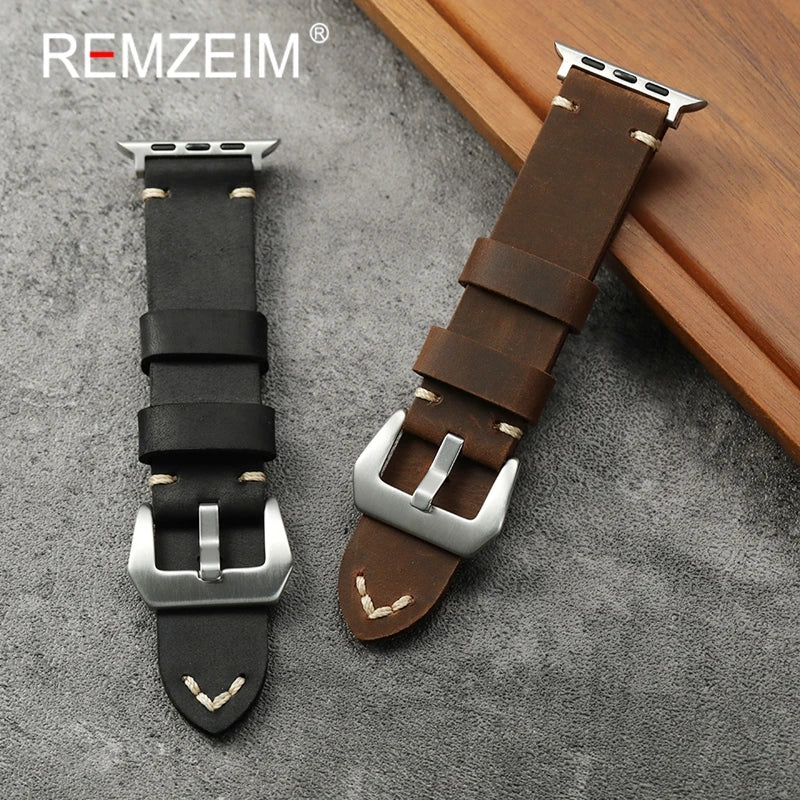 Vintage Crazy Horse Leather Strap for Apple Watch 38/40/41/42/44/45/46/49mm Thick Handmade Band for Iwatch 1-10 SE Ultra 2
