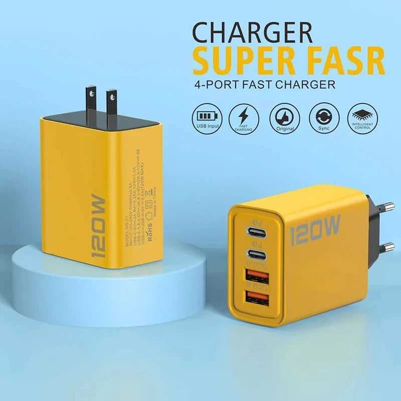120W 4-Ports USB Type-C Charger Fast Charging Data Cable USB Phone Charger Adapter For Xiaomi IPhone17 16 15 Huawei Wall Charger