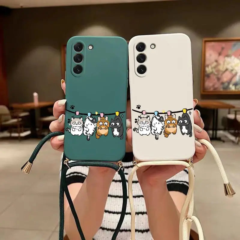 S23 Four Little Cat Lanyard Silicone Phone Case For Samsung S23 S24 S23FE S24Plus S23Ultra S22 S23Plus S22Plus S20 S21FE Cover