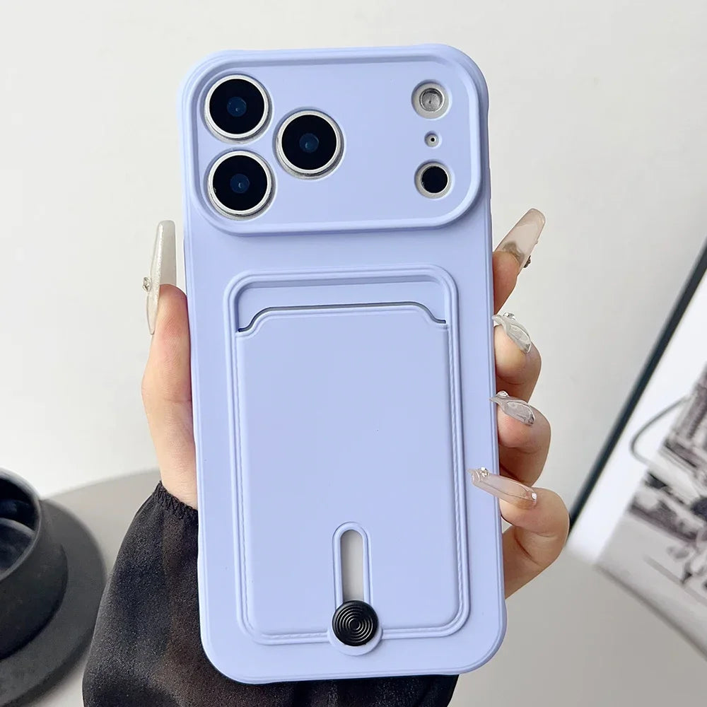 Fine hole sliding card holder silicone phone case for iPhone 17 17E 16E 16 15 14 13 12 11 Pro Max Air Mini shockproof soft Cover