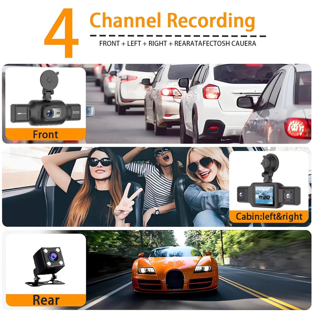 4Ch WiFi Dashcam car camera Black Box Driving DVR FHD 1080P Front Left Right Rear Night Vision Loop Recording Black Box
