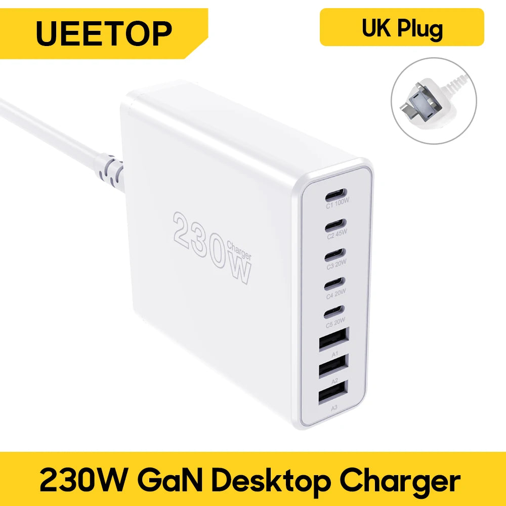 Ueetop 230W GaN USB C Charger Desktop Charging Station Multiple Port PPS PD 100W 65W 45W Fast Charge For Macbook iPhone Samsung