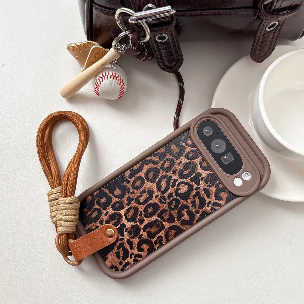 Winter Brown Silicone Leopard Wrist Strap Case For Google Pixel 7 8 9 10 Pro XL 7 8 9A Shockproof Bumper Nylon Lanyard New Cover