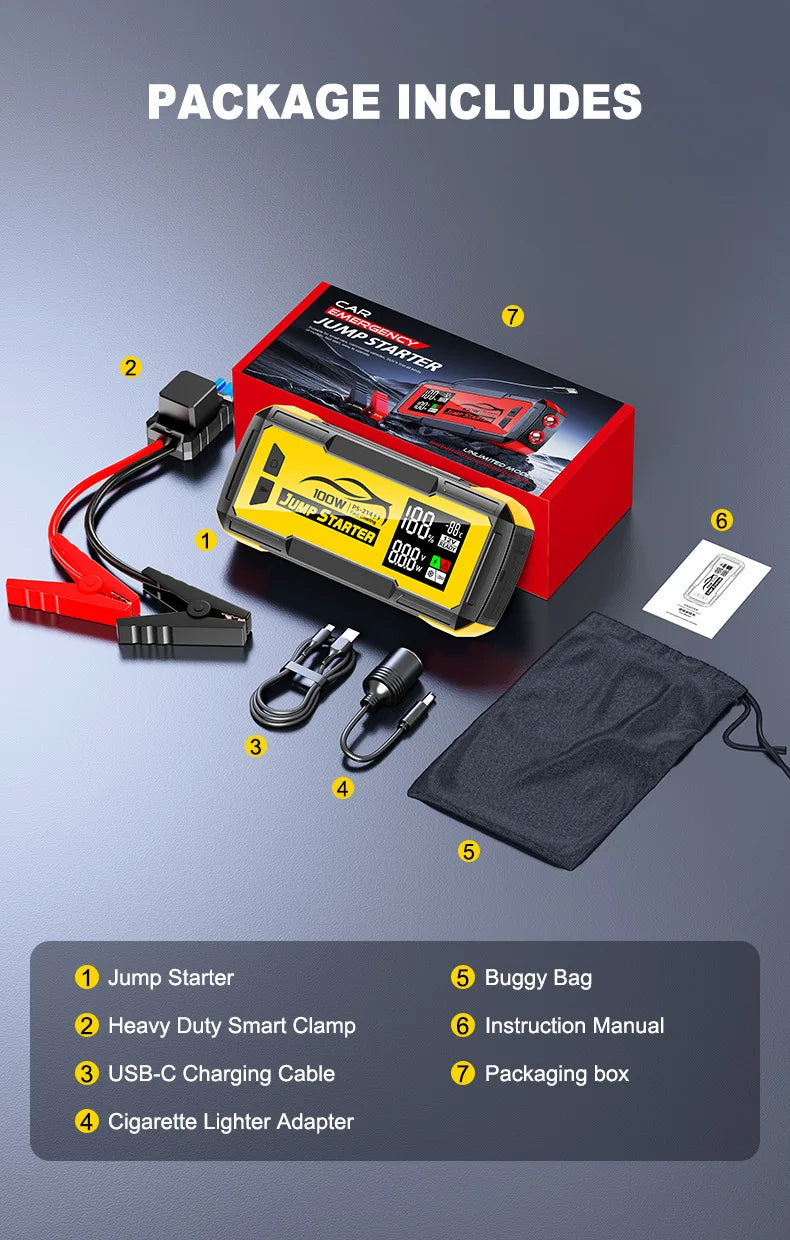 32000mAh 100W Car Emergency Battery Starter Jump Portable Power Bank Multi Function 8000A Ultra-Large Capacity Starting Device