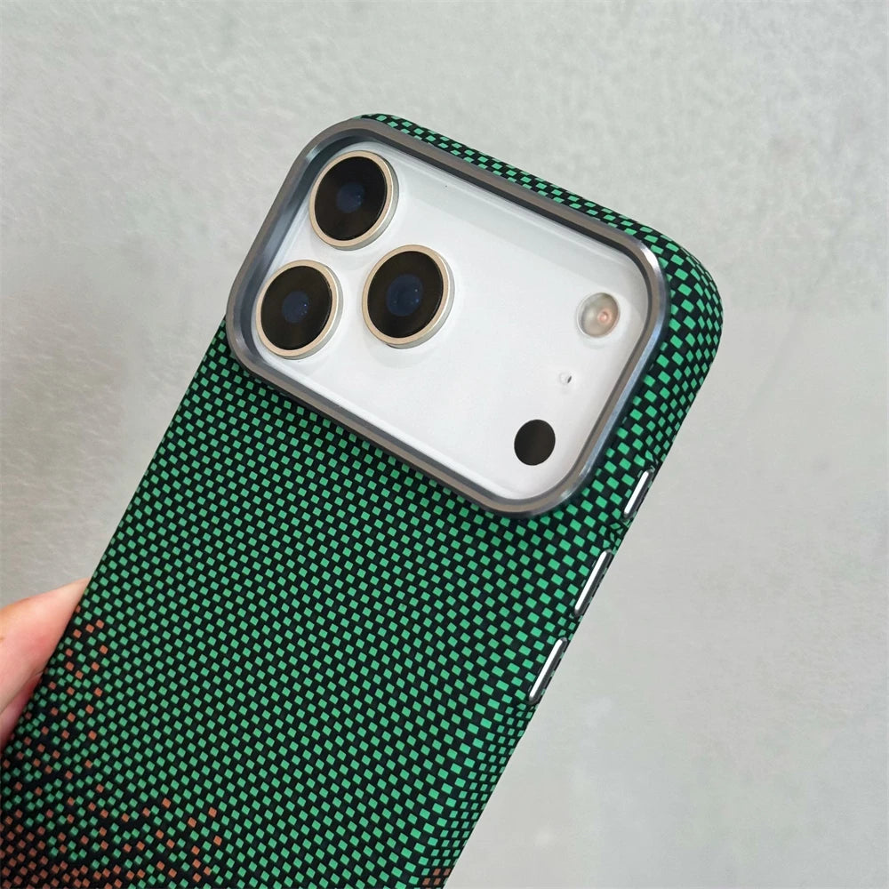Luxury Kelvar Carbon Fiber Colorful Case for iPhone 17 16 15 14  13 Pro Max Metal Lens Frame Ultra Thin Hard Shockproof Cover