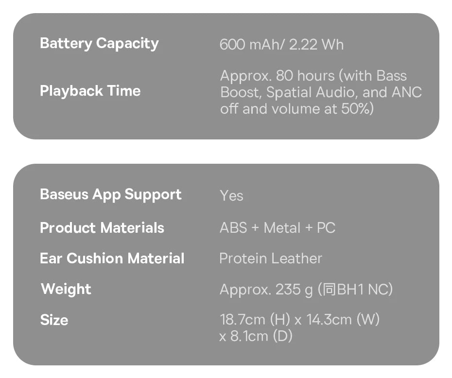 Baseus Bass BH1 NC Lite ANC Wireless Headphones 95% Noise Cancelling Headsets Headphone Bluetooth 6.0 80H Over Ear Earphones