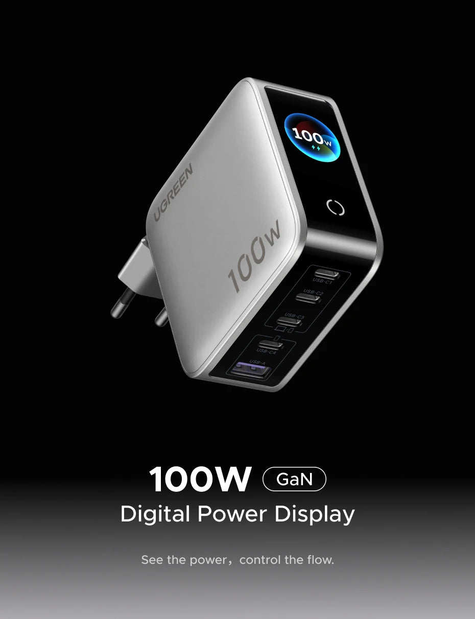 UGREEN 100W GaN Charger With Smart Display QC4.0 PD 3.0 USB C Charger For MacbookPro Laptop iPhone 17 16 Pro iPad Tablet Samsung