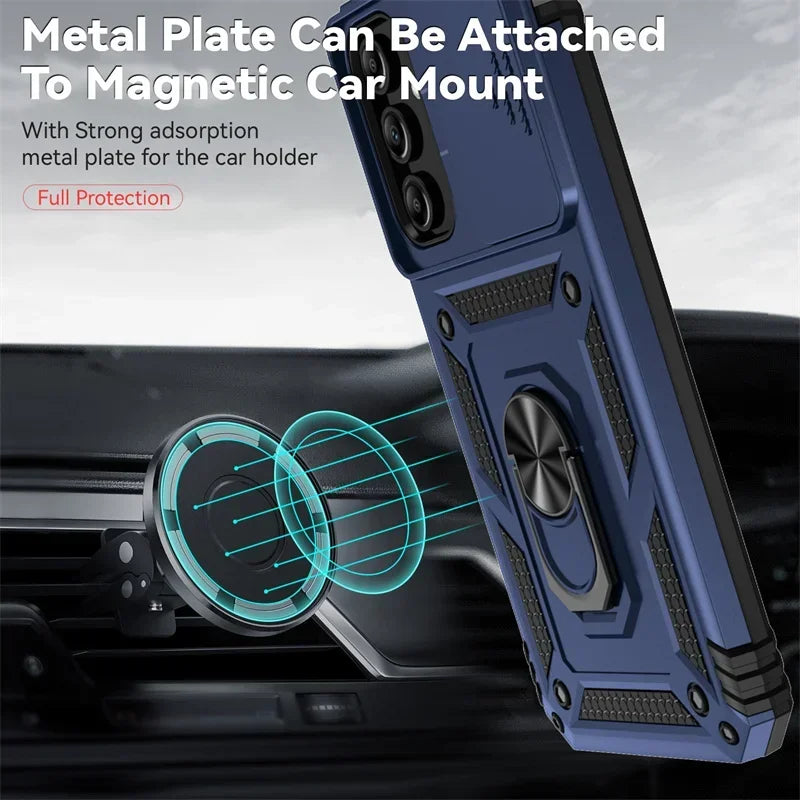 Slide Camera Lens Military Grade Armor Phone Case For Samsung Galaxy A16 A06 A15 A25 A35 A55 5G S24FE Holder Ring Stand Cover