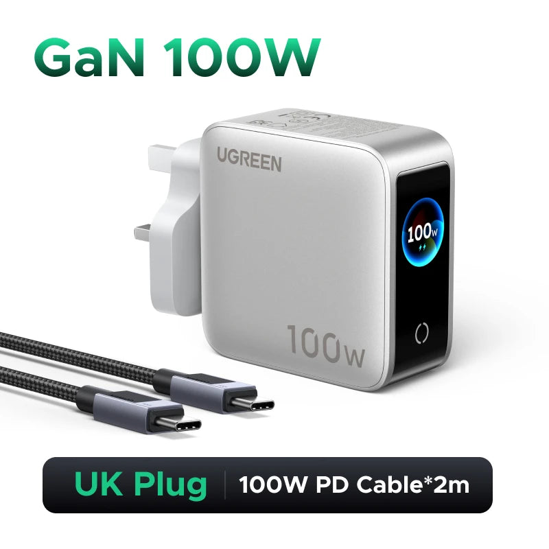 UGREEN 100W GaN Charger With Smart Display QC4.0 PD 3.0 USB C Charger For MacbookPro Laptop iPhone 17 16 Pro iPad Tablet Samsung