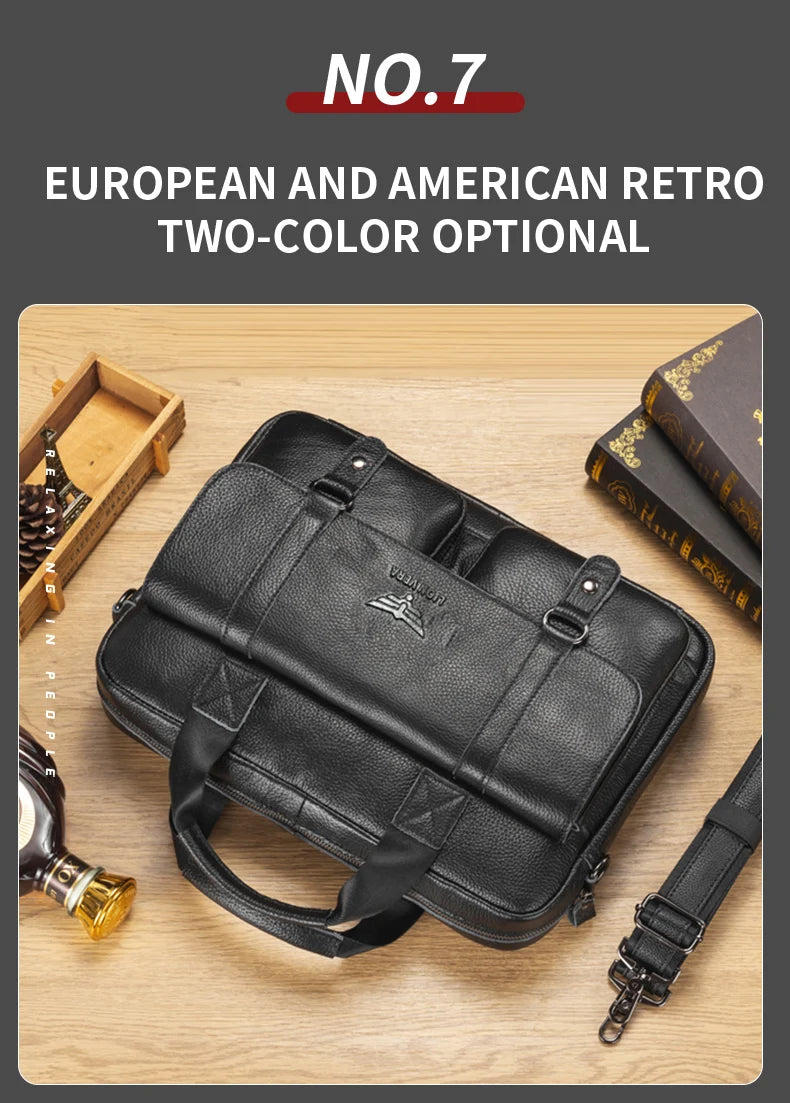 LION VERA Men's Genuine Leather Briefcase Business Casual Commuting Bag Portable Crossbody Shoulder Bag 15.7-inch Laptop Bag