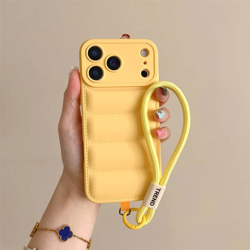 Luxury Down Jacket Puffer Wrist Strap Phone Case for Samsung Galaxy S25 Edge S24 S23 S22 S21 S20 FE Plus Ultra Soft Cover