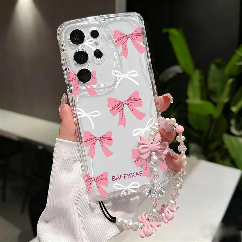 Pink Bow Pattern Chain Case For Samsung Galaxy S25 Ultra S22 S21 S20 Plus S21FE S20FE S25FE A31 Soft Silicone Cover