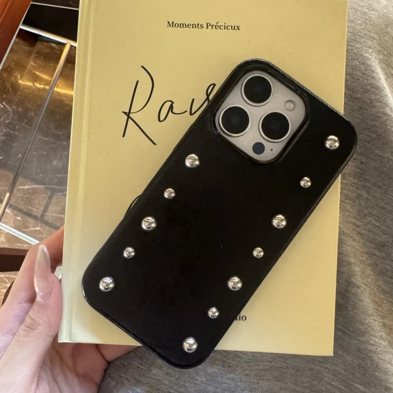 Personality Advanced Silver Round Rivet Solid Color Leather Shock Proof Phone Cover for iPhone 17Pro Max 16 15 14 13 Pro Max Cas