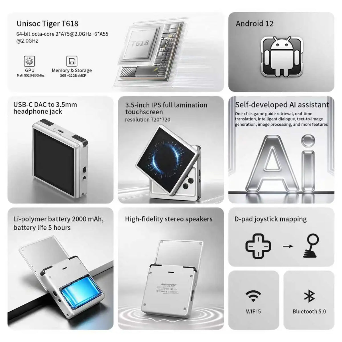 Anbernic RG Rotate Android Handheld Game Console 3.5" IPS 720×720 T618 Retro Gaming Emulator WiFi 3GB+32GB Portable Player
