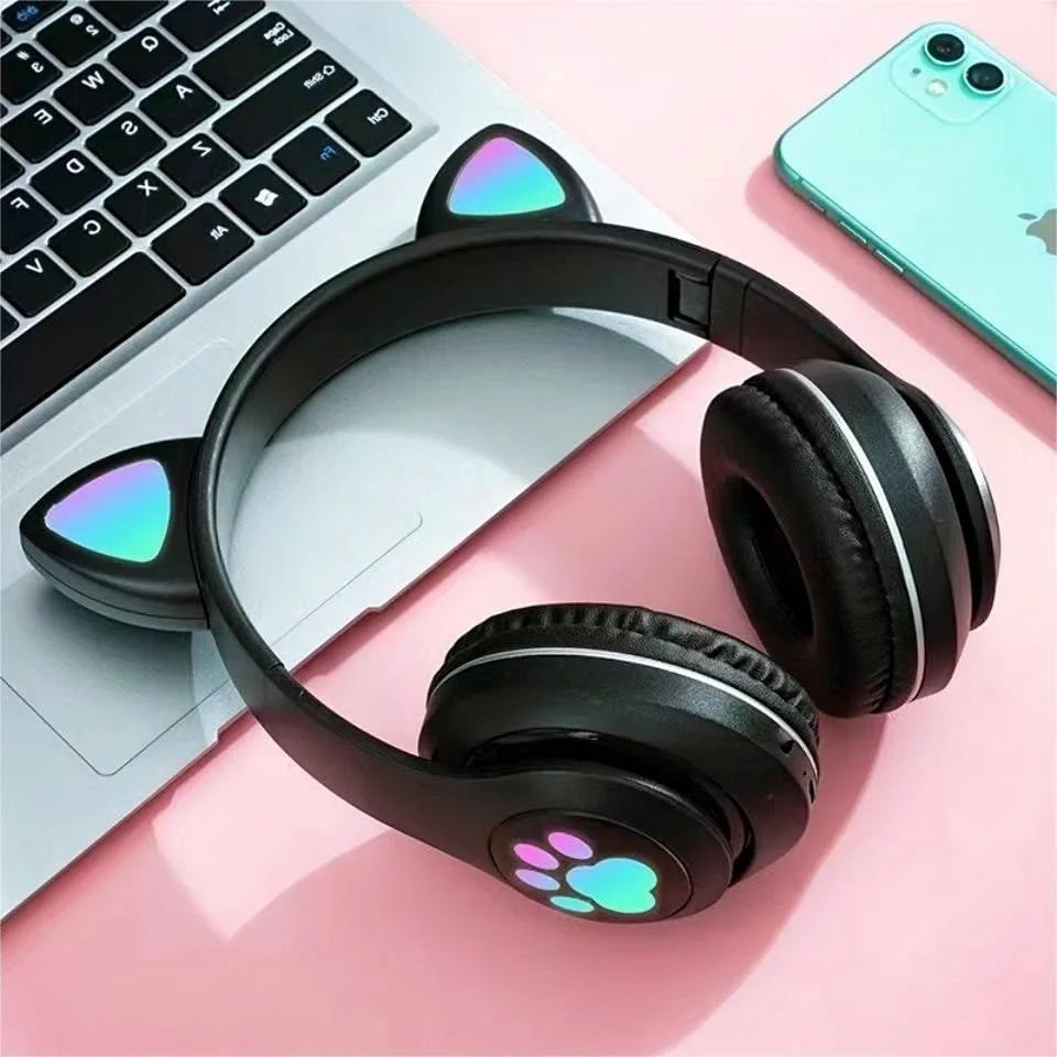 STN-28 Earphones Bluetooth 5.0 Cute Cat Ear Light Up Wireless Over-Ear Headphones High Quality Earbuds Compatible with Multiple