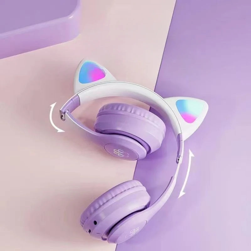Over-Ear Cat Ear LED Breathing Light Gaming Wireless Bluetooth Headphones with TF Card Slot & Gradient Color