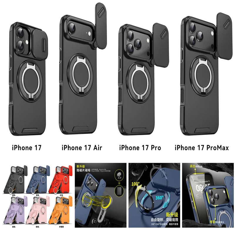 Shockproof Armor Case For iPhone 18 17 16 15 14 13 12 11 Pro Max 17Pro 16Pro IPhone17 Camera Lens Slide Cap Cover Stand Holder