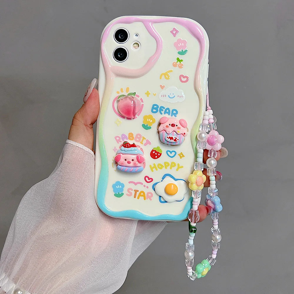 Cute 3D Pig Bracelet Wrist Chain Lanyard Clear Soft Phone Case For iPhone 17 16 13 14 15 Pro Max 11 12 XR XS X 7 8 Plus SE Cover