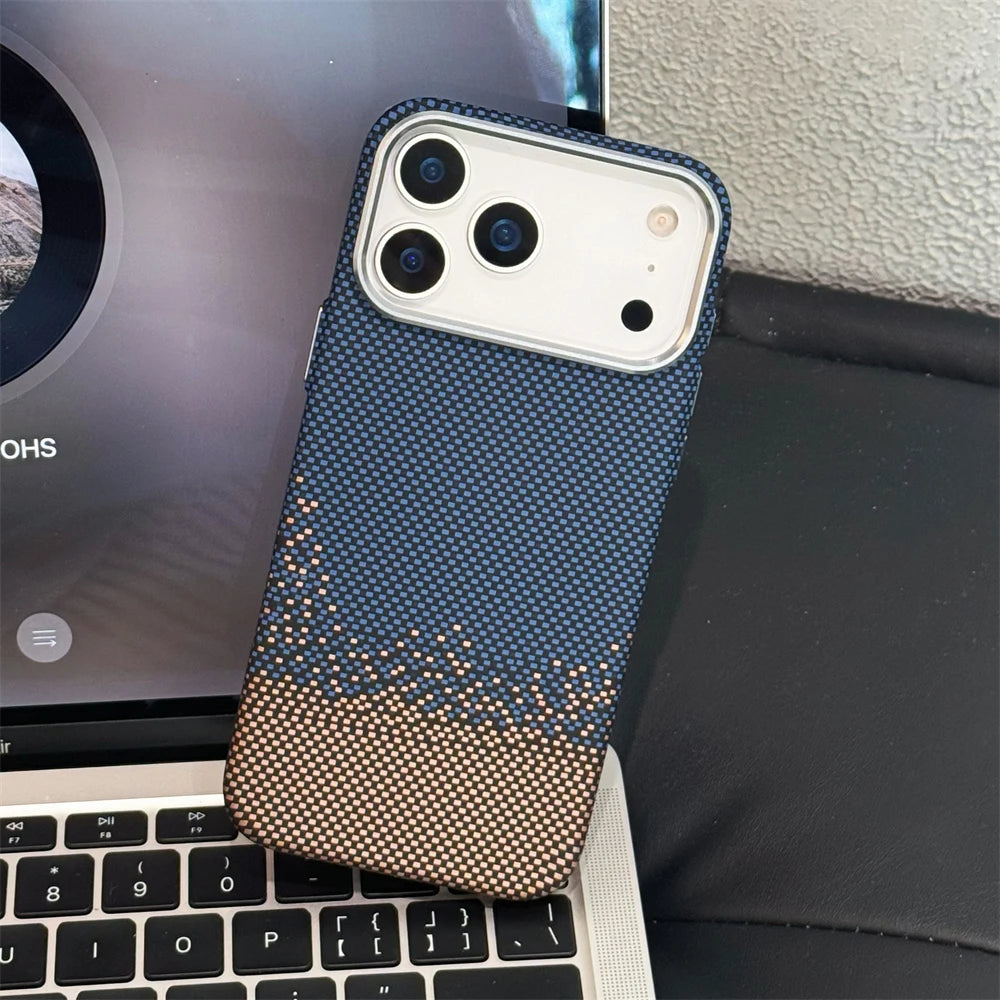 Luxury Kelvar Carbon Fiber Colorful Case for iPhone 17 16 15 14  13 Pro Max Metal Lens Frame Ultra Thin Hard Shockproof Cover