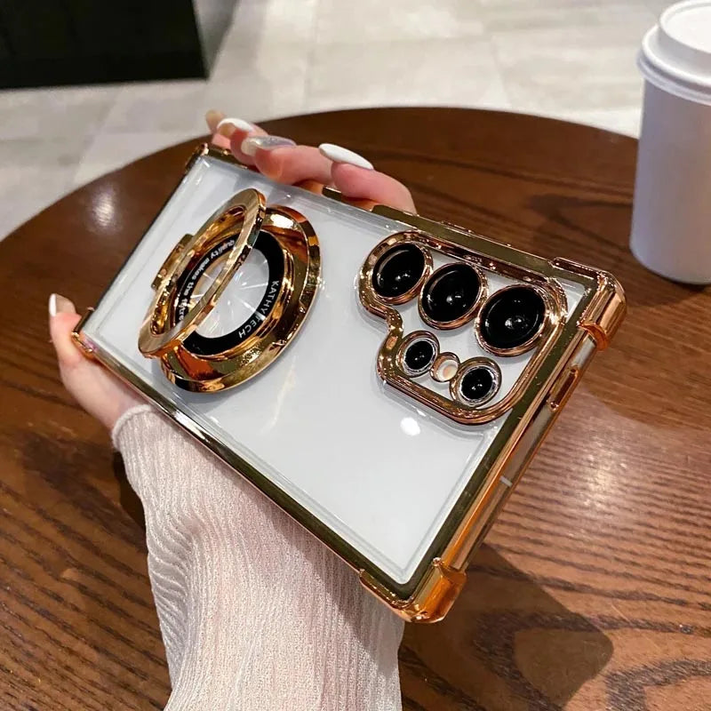 Luxury Magnetic Plating Stand Shockproof Clear Case For Samsung Galaxy S26 S25 S24 Ultra S23 S22 Note 20 Plus Acrylic Back Cover
