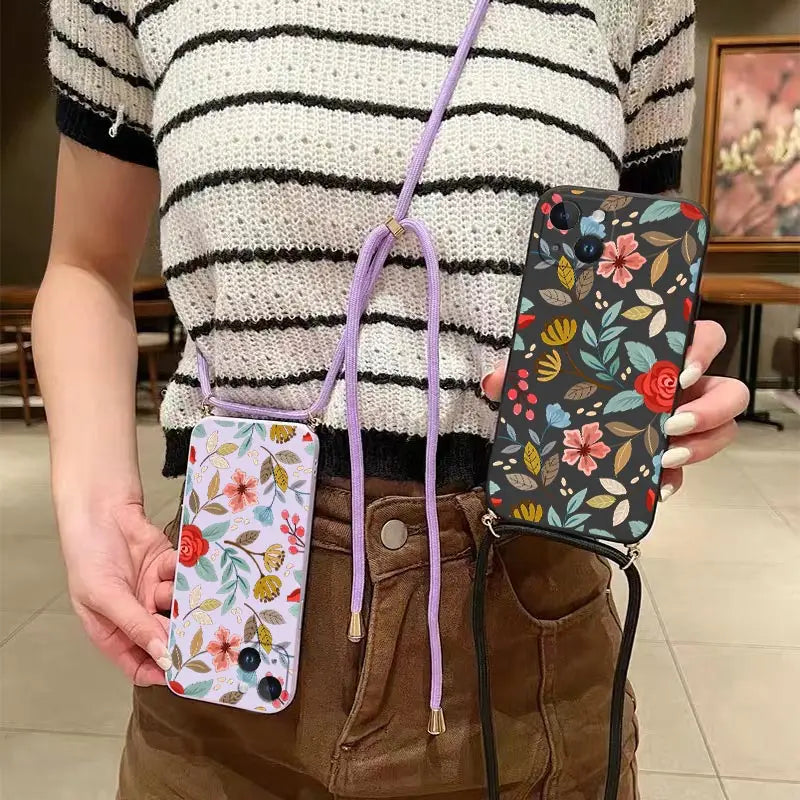 Five Petals Flower Crossbody Lanyard Silicone Phone Case For iPhone 13 15 12 14 11 Pro Max Mini X XR XS 8 7 6 6S Plus Cover
